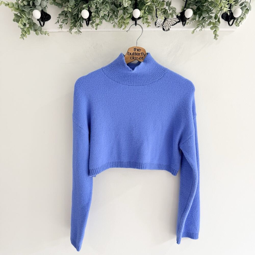 Zara Soft Knit Bright Blue Cropped Long Sleeves Mockneck Sweater Size S X5148